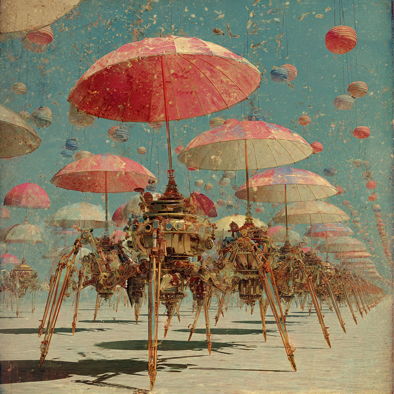 A procession of intricate brass walking machines carries faded coral parasols beneath a turquoise sky.