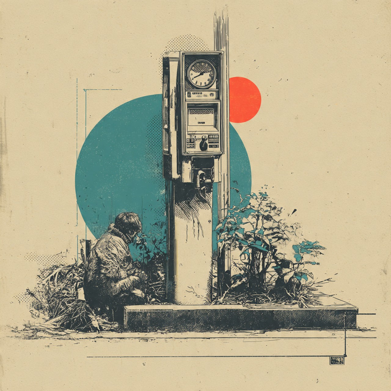 Parking Meter Garden: parking meter, plants, urban object, geometric circles, surreal print.