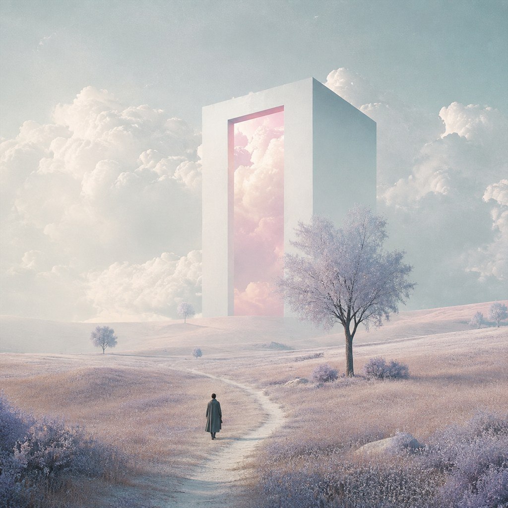 A luminous pink doorway stands in a pale landscape of mist and snow.