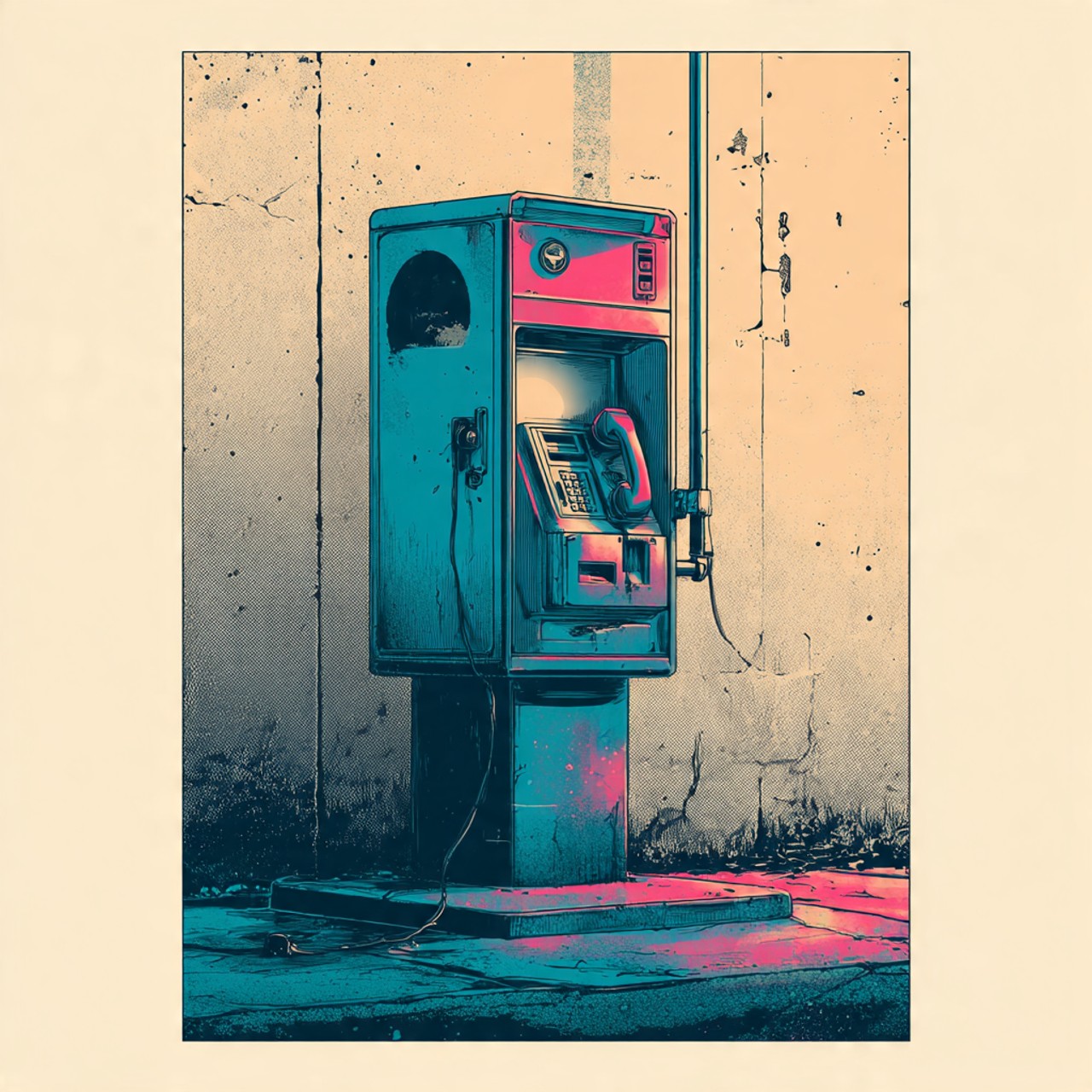 Payphone for Forgiveness: payphone, empty wall, coral and cyan, urban object, graphic print.