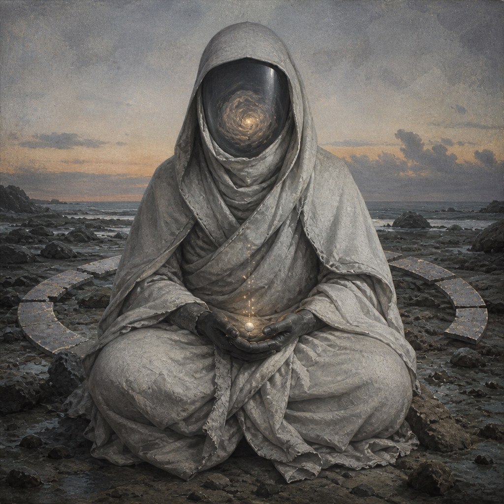 A hooded pilgrim sits beside the sea with light glowing from within.