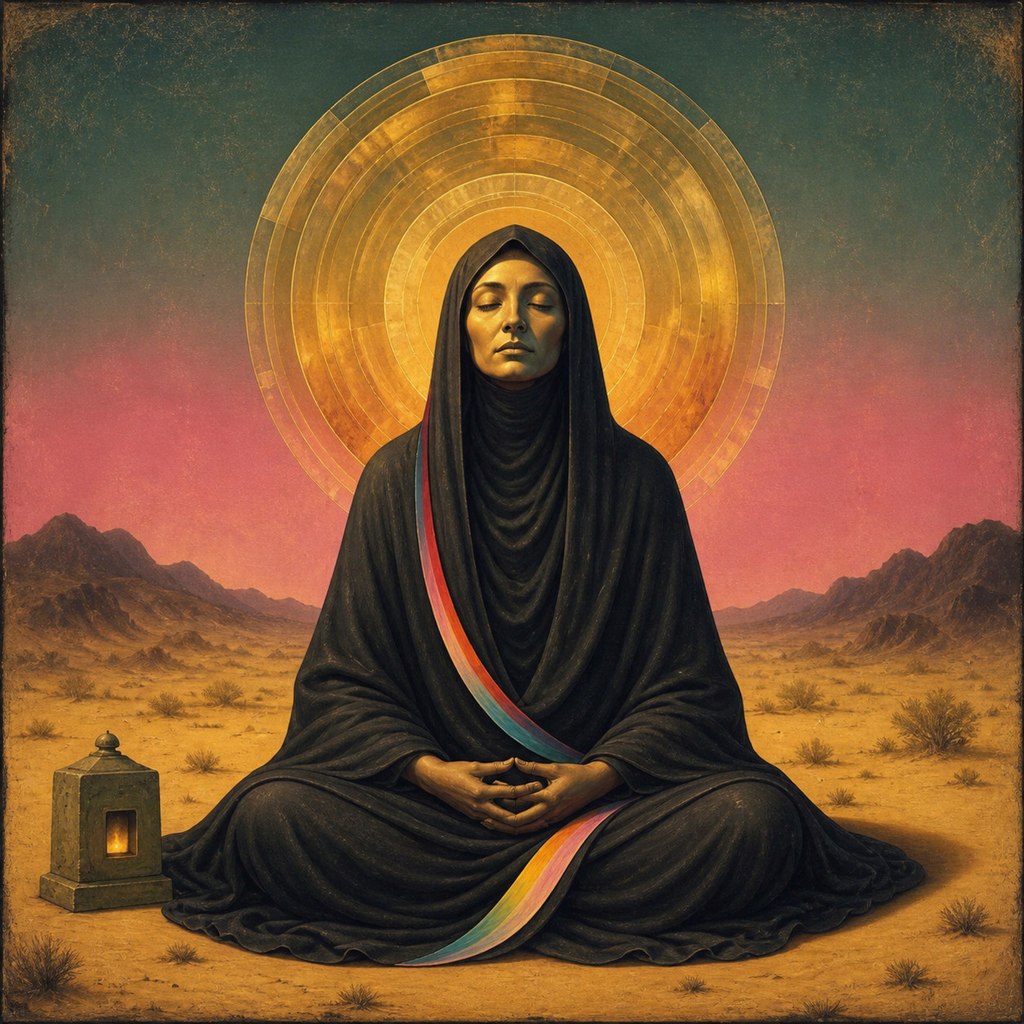 Pilgrim of the Prism Dawn: seated pilgrim, woven gold halo, prismatic sash, desert dusk, small lantern.