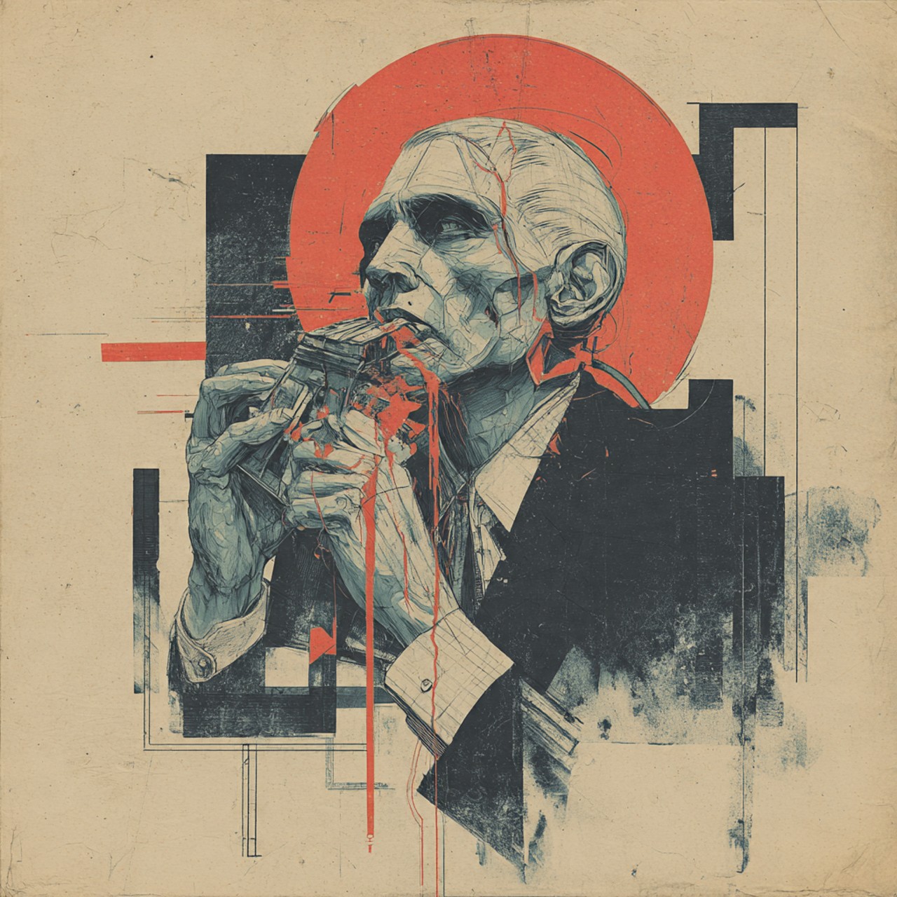 A collage-style print on aged cream paper of a gaunt man in a suit holding a small boxy metal object to his lips like a harmonica, backed by a red disc and black rectangular blocks.