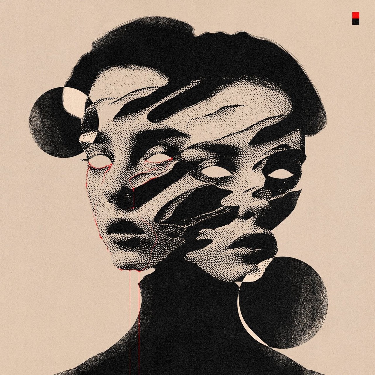 A stippled halftone portrait on cream paper in which a single head carries several overlapping smeared faces, flanked by black circles, with a thin red drip and a small red-and-black block in the upper right.