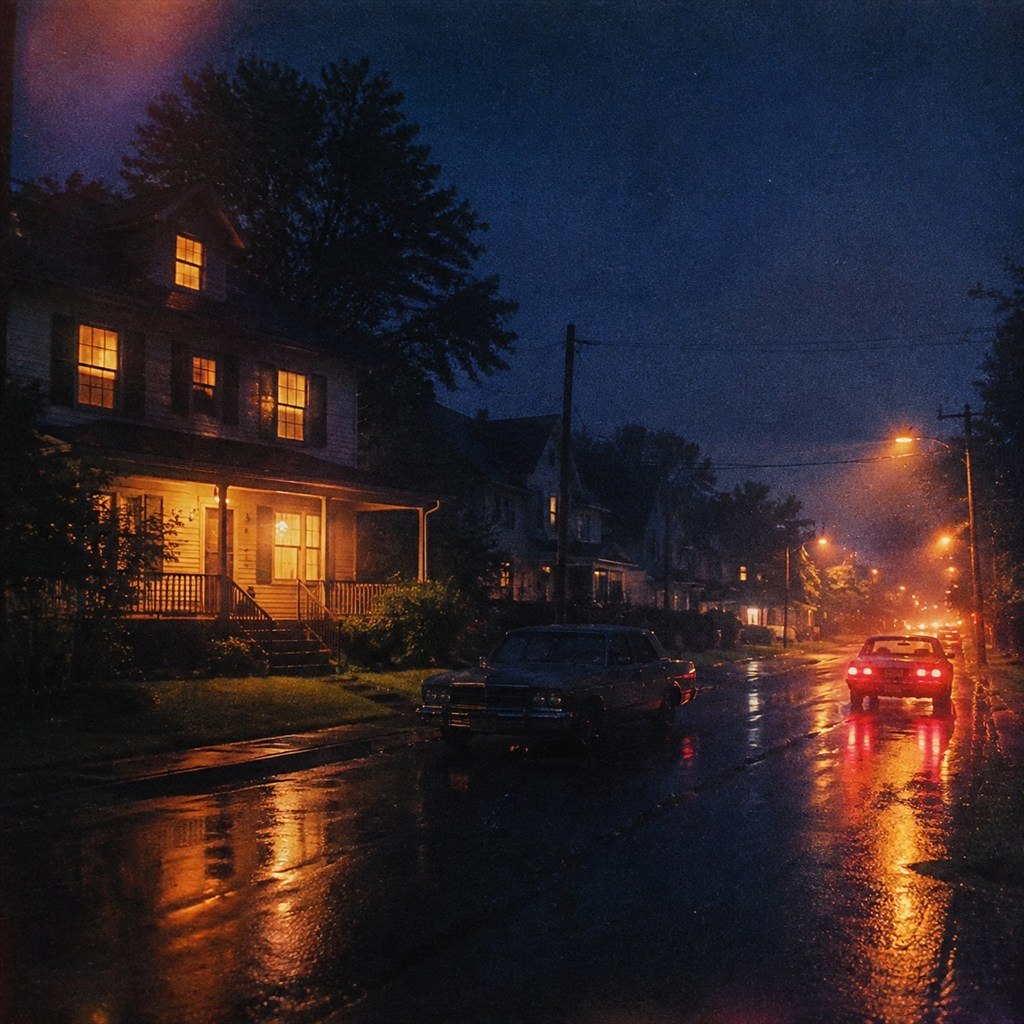 Rain turns a neighborhood house and empty street into a nocturnal refuge.