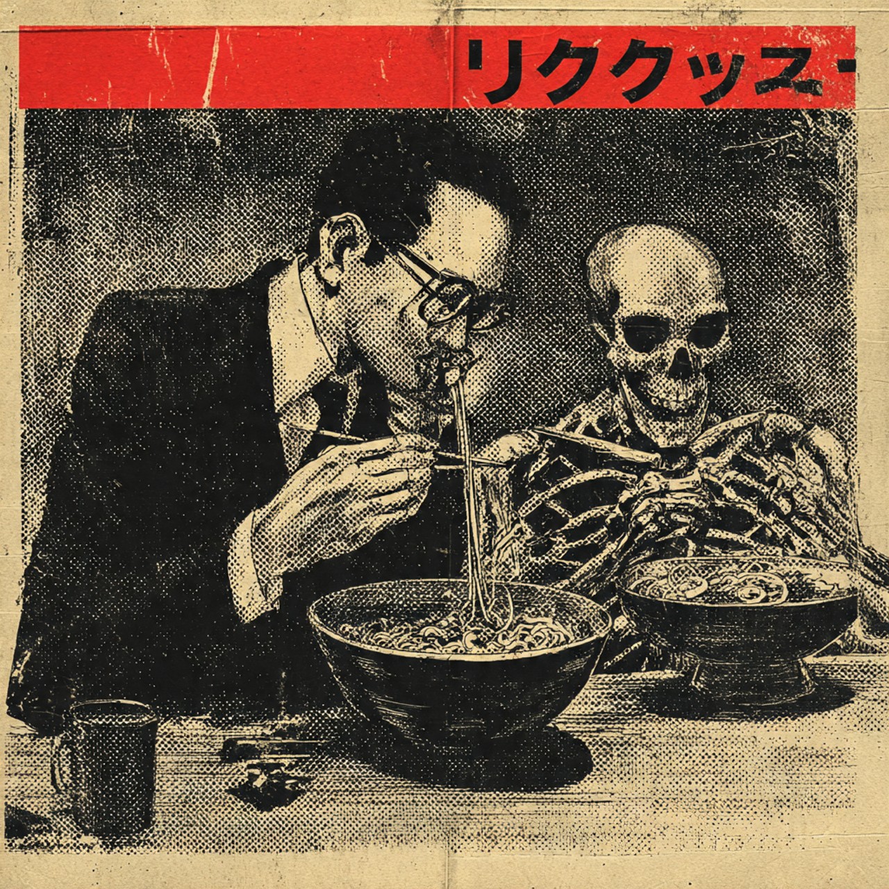 A halftone print on aged cream paper showing a bespectacled man in a suit eating a bowl of ramen with chopsticks beside a seated skeleton eating an identical bowl, under a red banner of Japanese katakana.