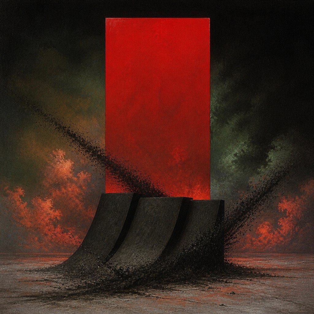 A vertical red slab rises above two dark architectural ramps.