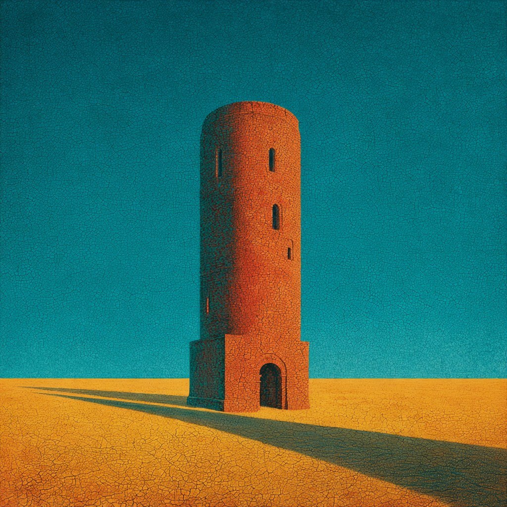 A narrow red tower casts a long shadow across an orange plain.