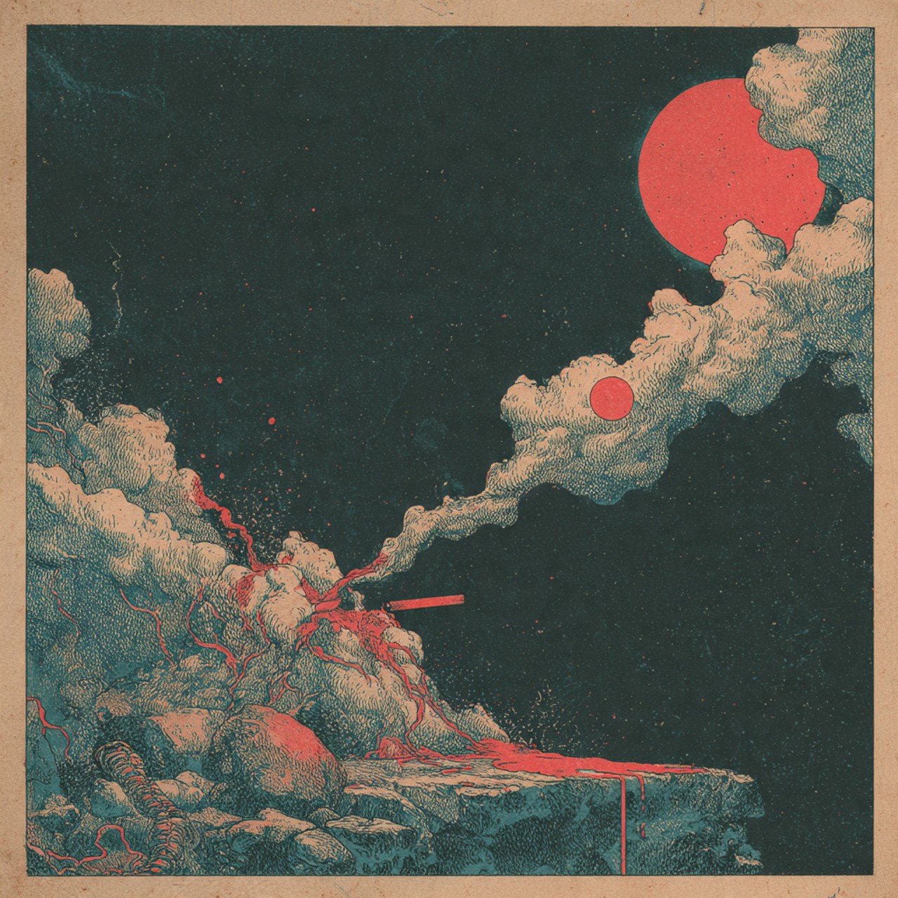 Red Thread: red thread, fortune cookie, cloudscape, minimal landscape, surreal symbol.
