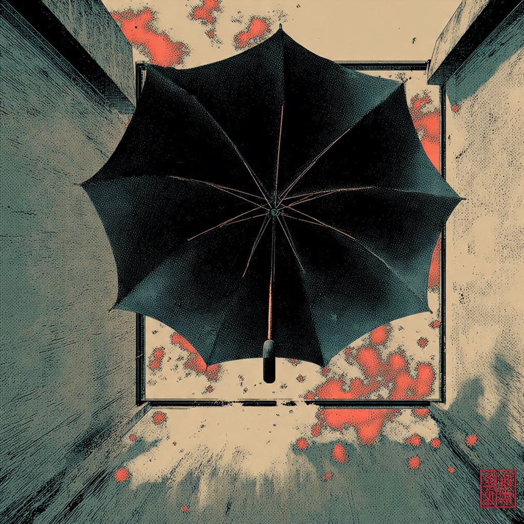 Reverse Rain: black umbrella, upward rain, coral cloud, graphic collage, weather.
