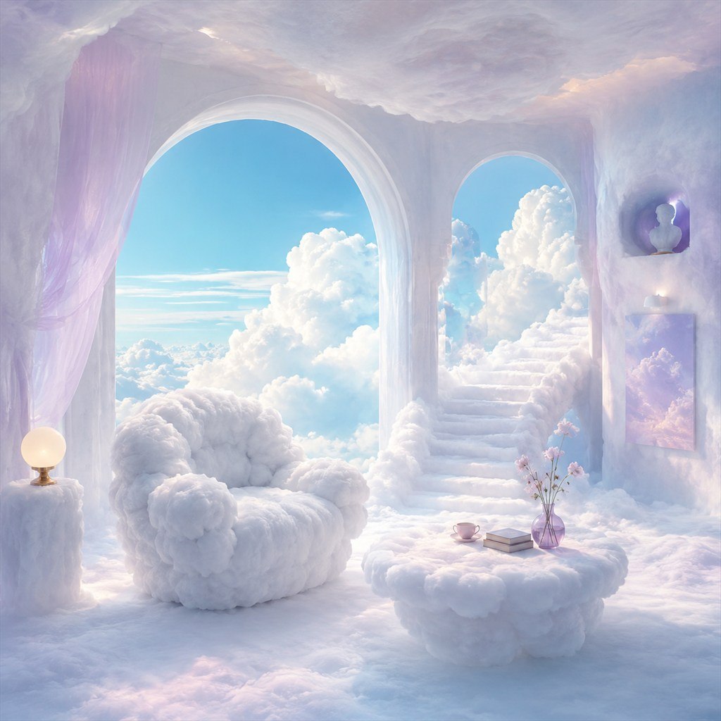 White arches open into layered rooms built entirely from clouds.