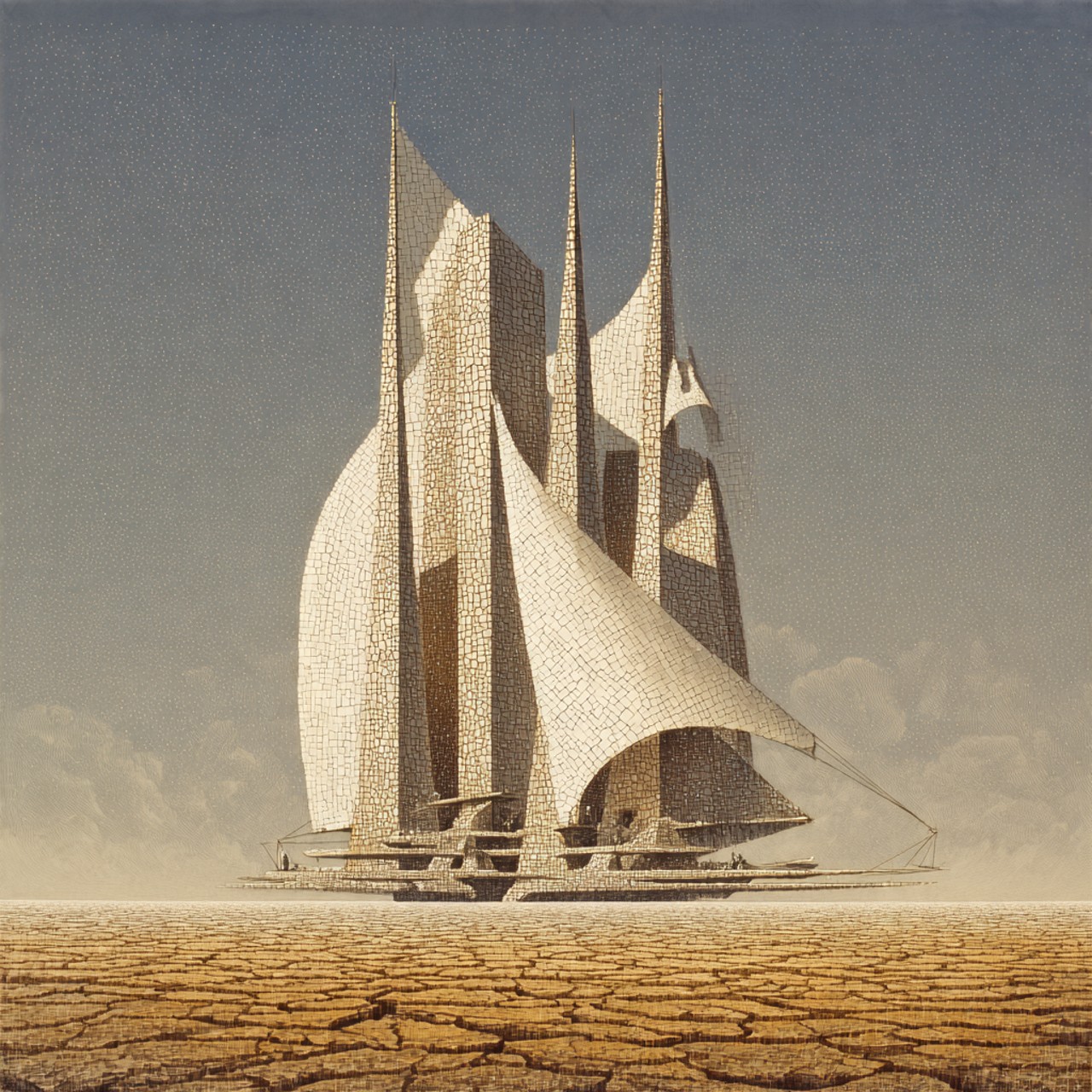 A monumental ivory sailing structure rises above a cracked ochre plain beneath a quiet gray sky.