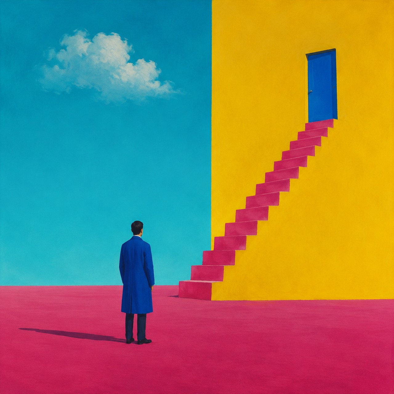 A man in a blue coat stands with his back to the viewer on a pink ground, facing a yellow wall with pink stairs leading to a small blue door, under a cyan sky with one cloud.