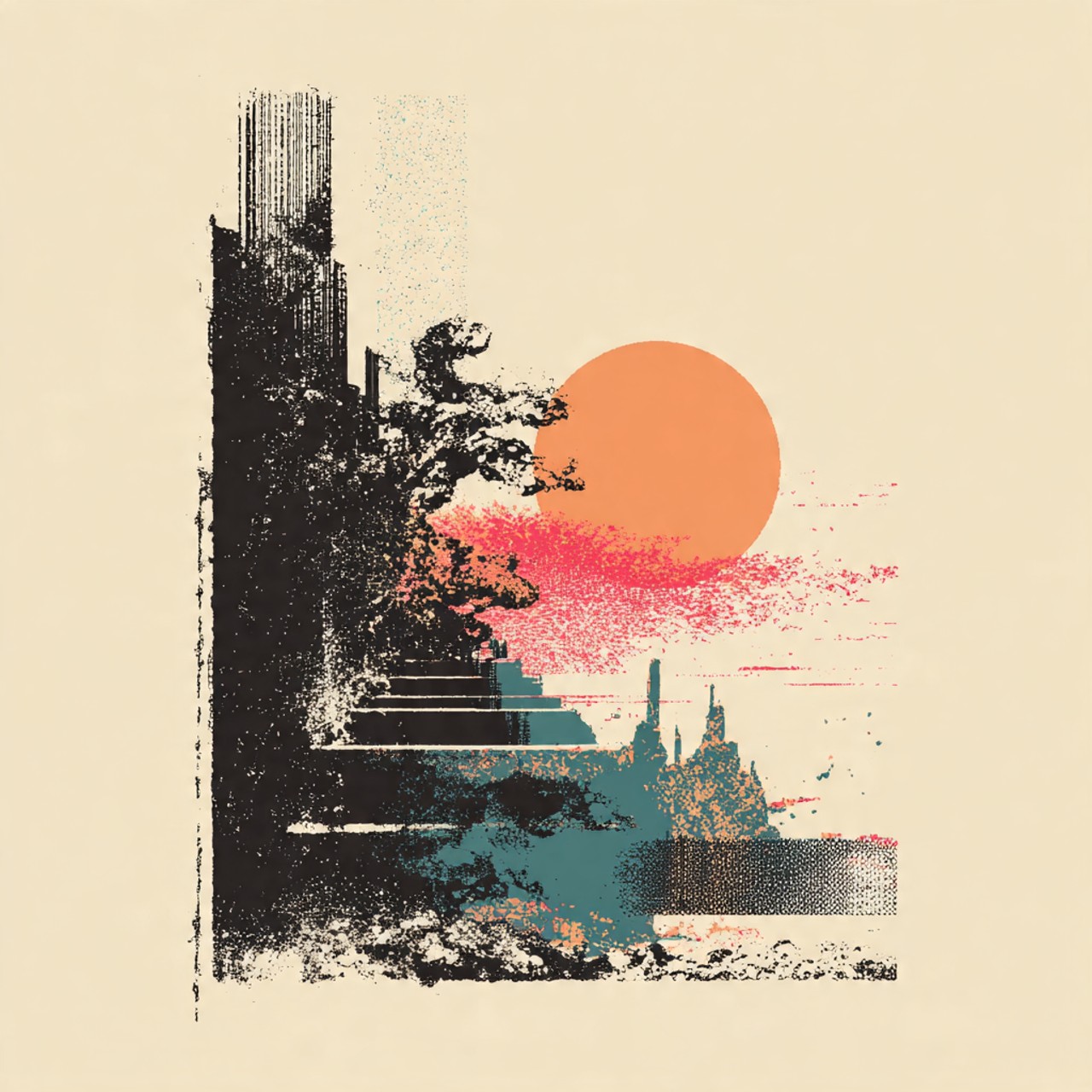 Second Sunrise: sunrise, barcode, architectural silhouette, coral horizon, graphic collage.