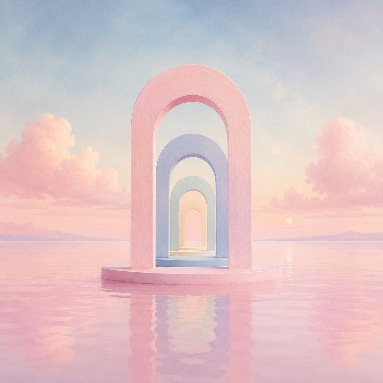 A pastel painting of nested arches on a round pink platform standing in still water, with pink clouds and a low sun on the horizon.