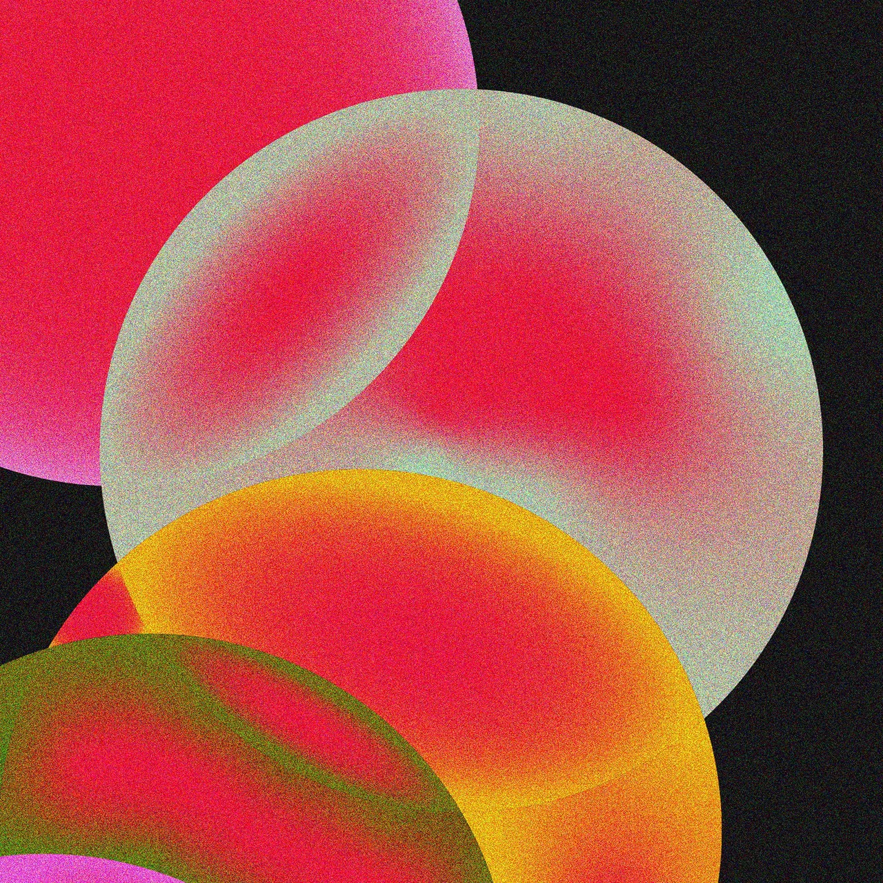 A cluster of overlapping grainy spheres in pink, pale cream, orange and green drift across a flat black background.
