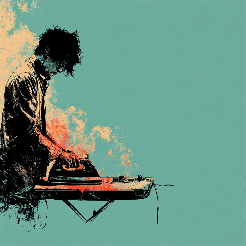 A solitary figure presses an iron across a board as coral static breaks into turquoise.