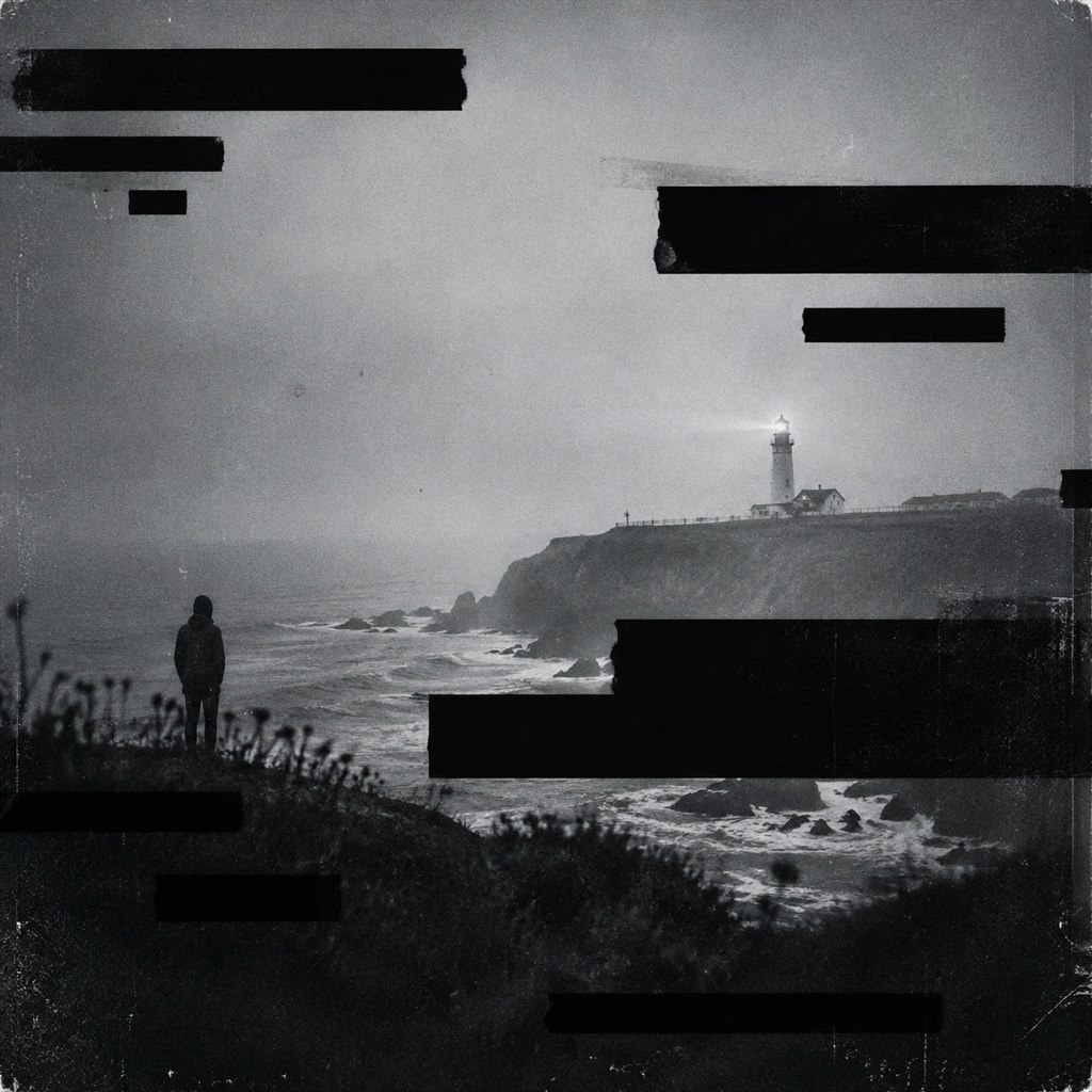 Black digital bars interrupt a monochrome coastline and its solitary observer.