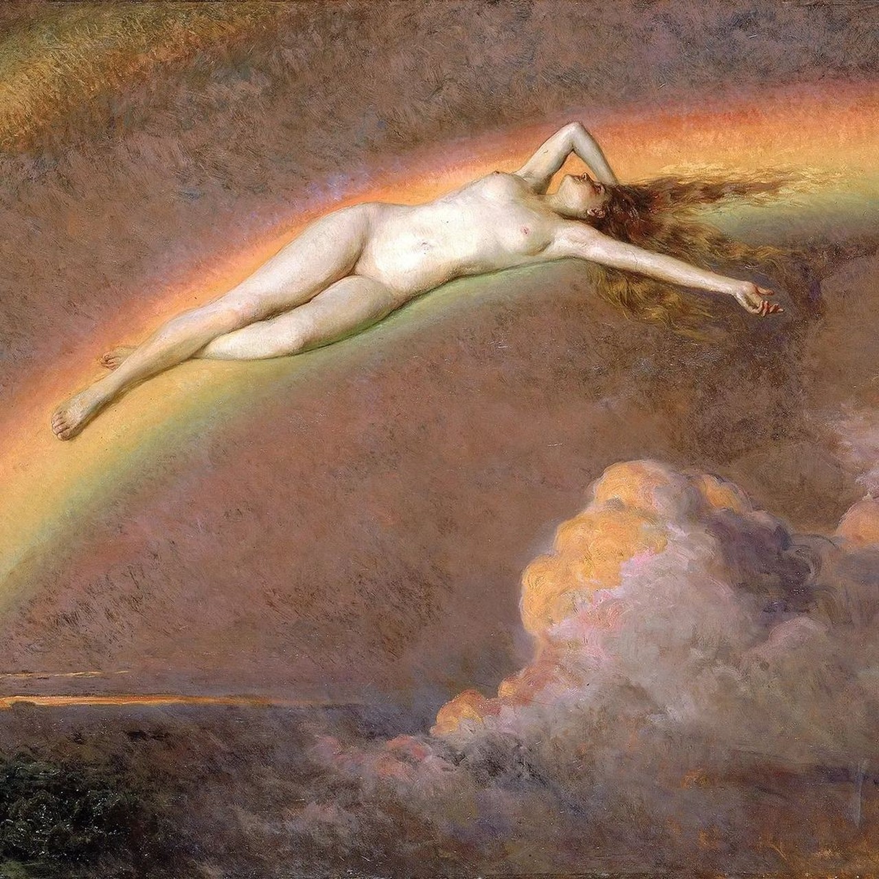 An academic oil painting of a nude woman lying face down along the arc of a rainbow above a bank of sunlit clouds, her long hair spread behind her.