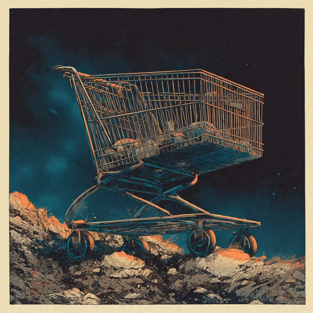 Sleeping Cart: grocery cart, smoldering contents, night, object study, surreal scene.
