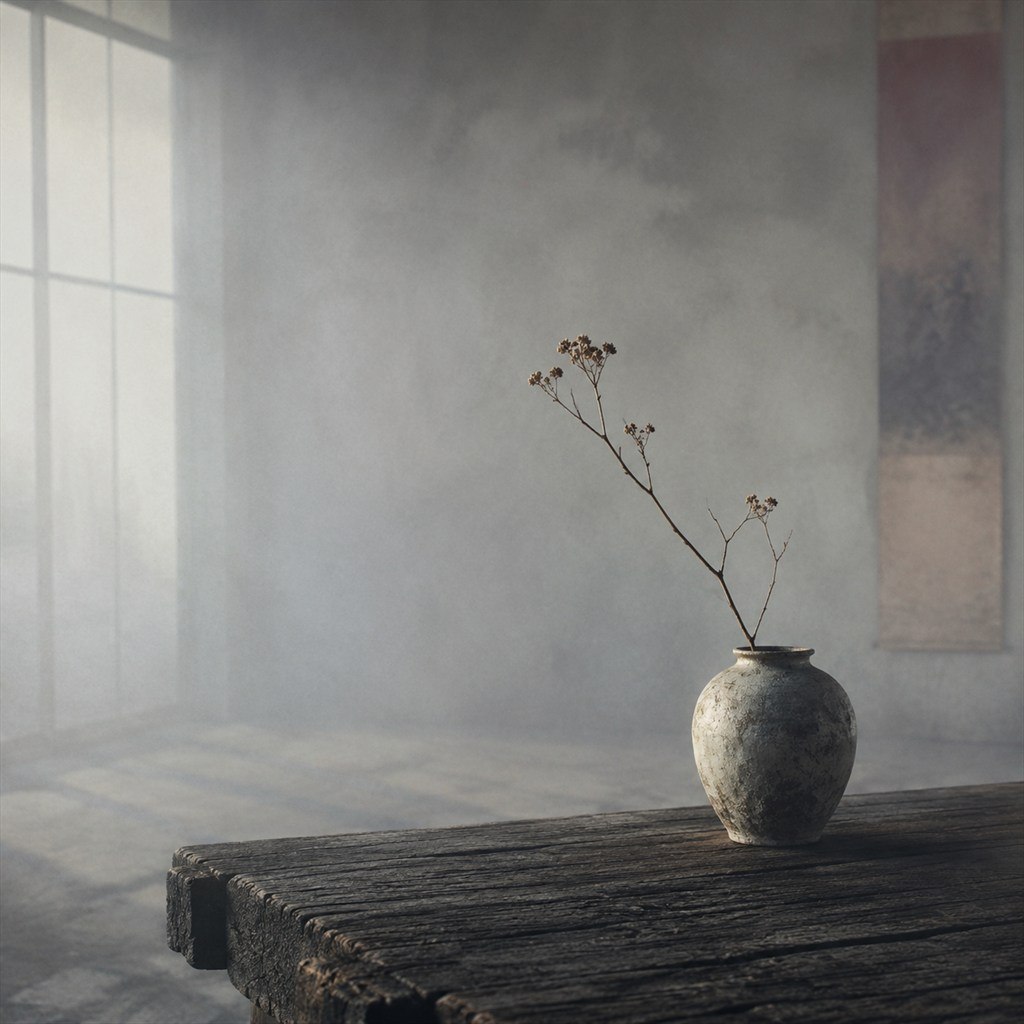One flowering stem rests on a rough table inside a pale gray room.