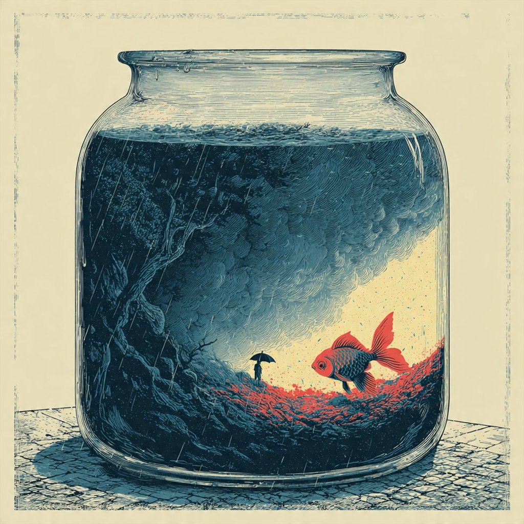 Storm in a Fishbowl: fishbowl, storm, goldfish, umbrella, engraving.