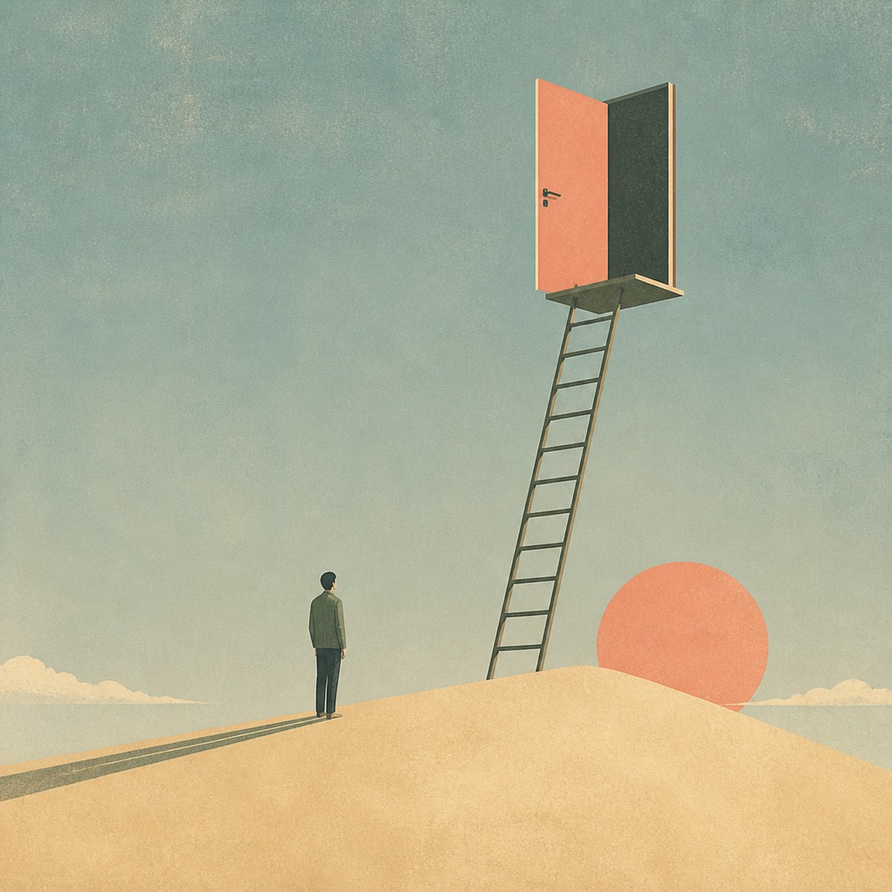 A minimal illustration of a man standing on a sand dune below a floating orange door reached by a tall ladder, with a coral sun on the horizon.