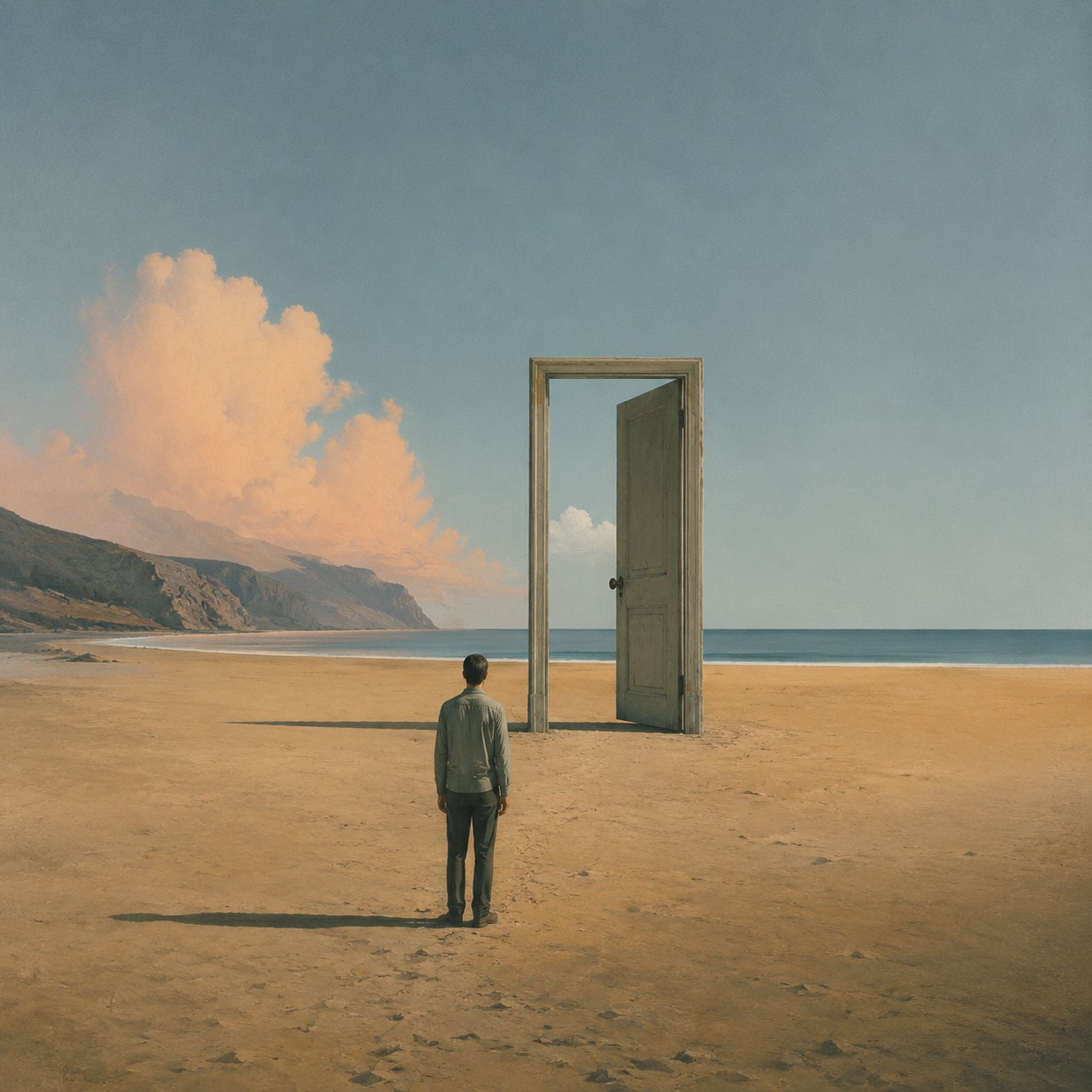 A freestanding wooden door stands open on an empty beach, with a large pink cloud over the headland and a man in a jacket walking toward the frame.