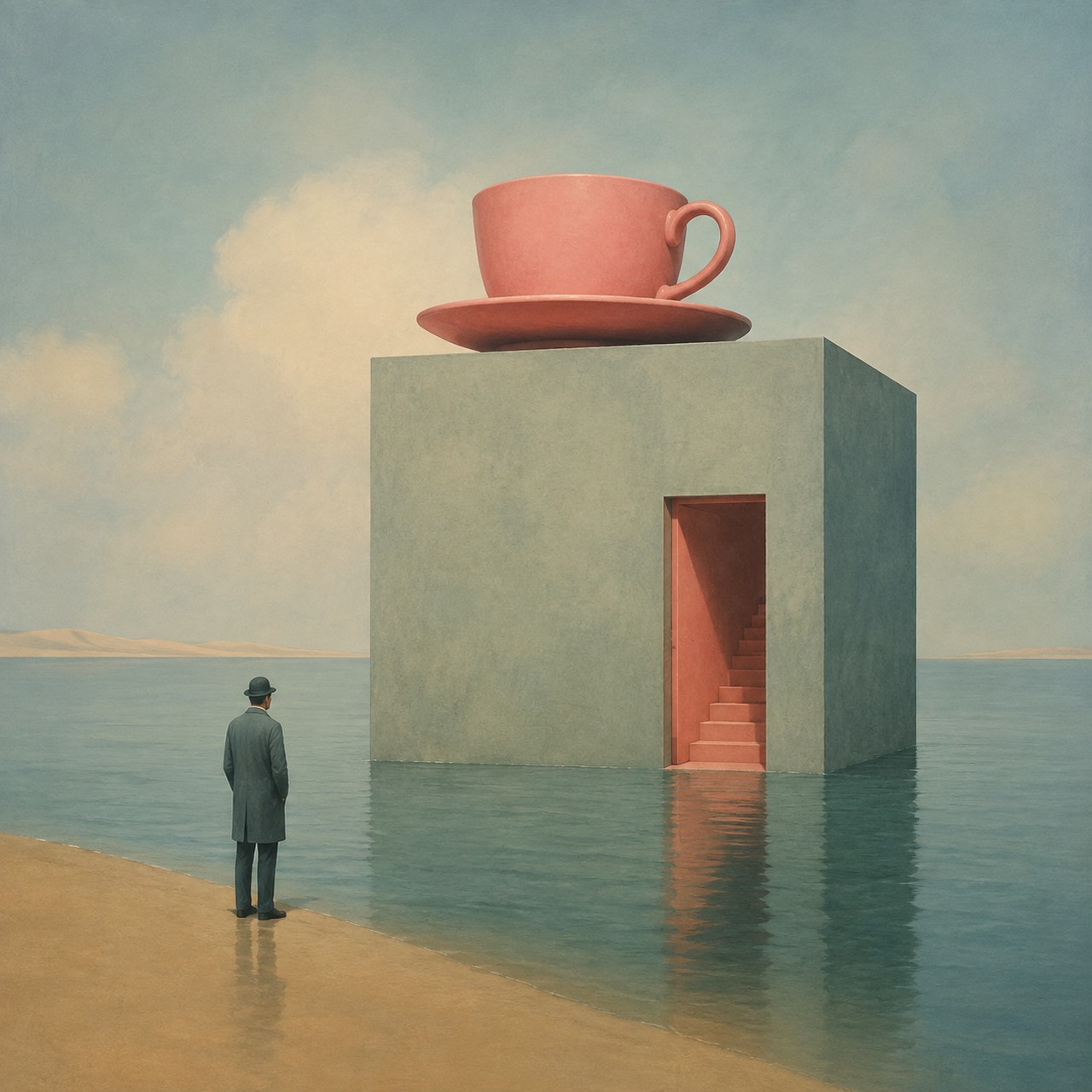 An oversized pink teacup and saucer rest on a concrete cube standing in shallow water, with a pink doorway and stairs cut into the cube and a man in a coat and hat on the sand.