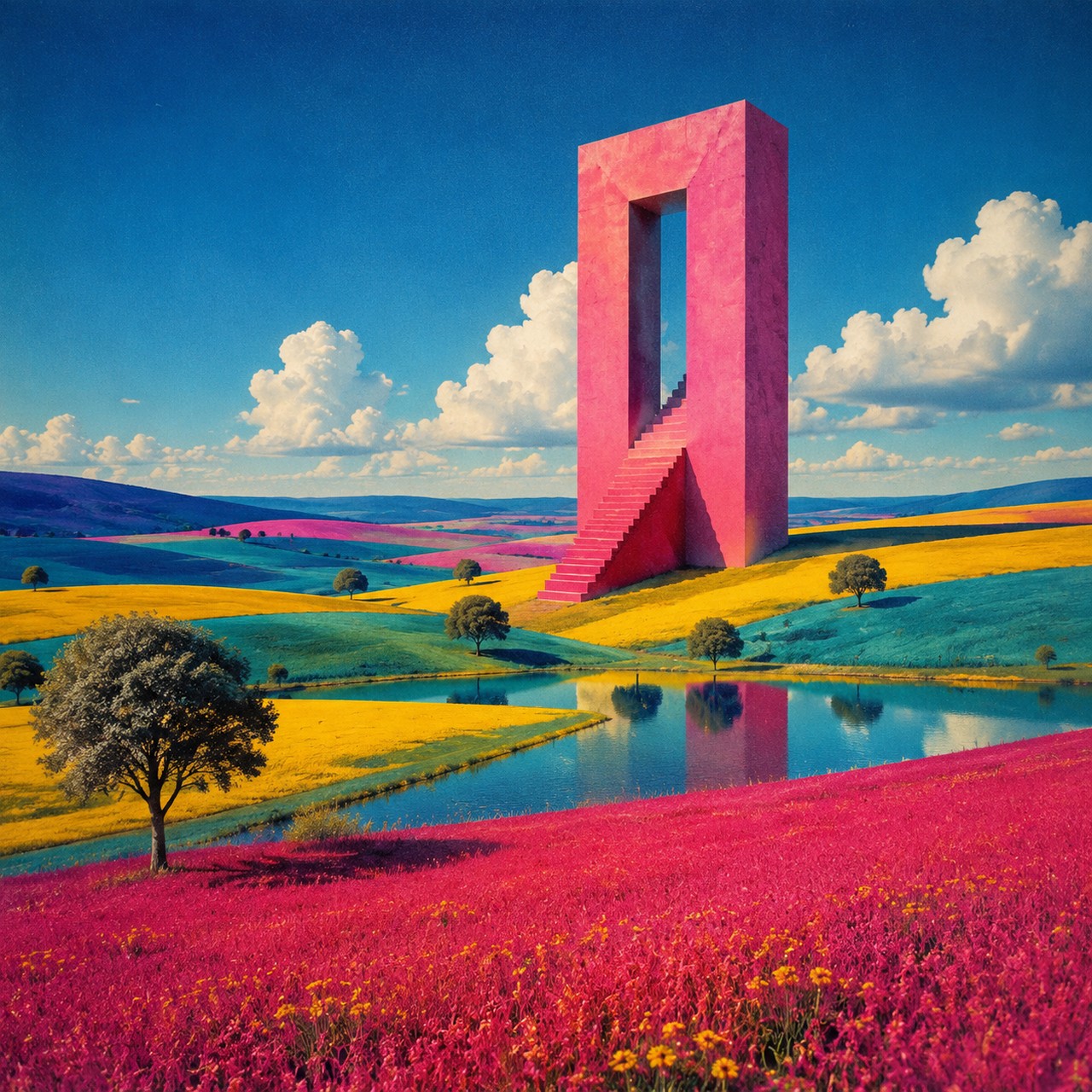 A tall pink concrete archway with an interior staircase stands in rolling fields of magenta and yellow flowers beside a pond, under a blue sky with cumulus clouds.