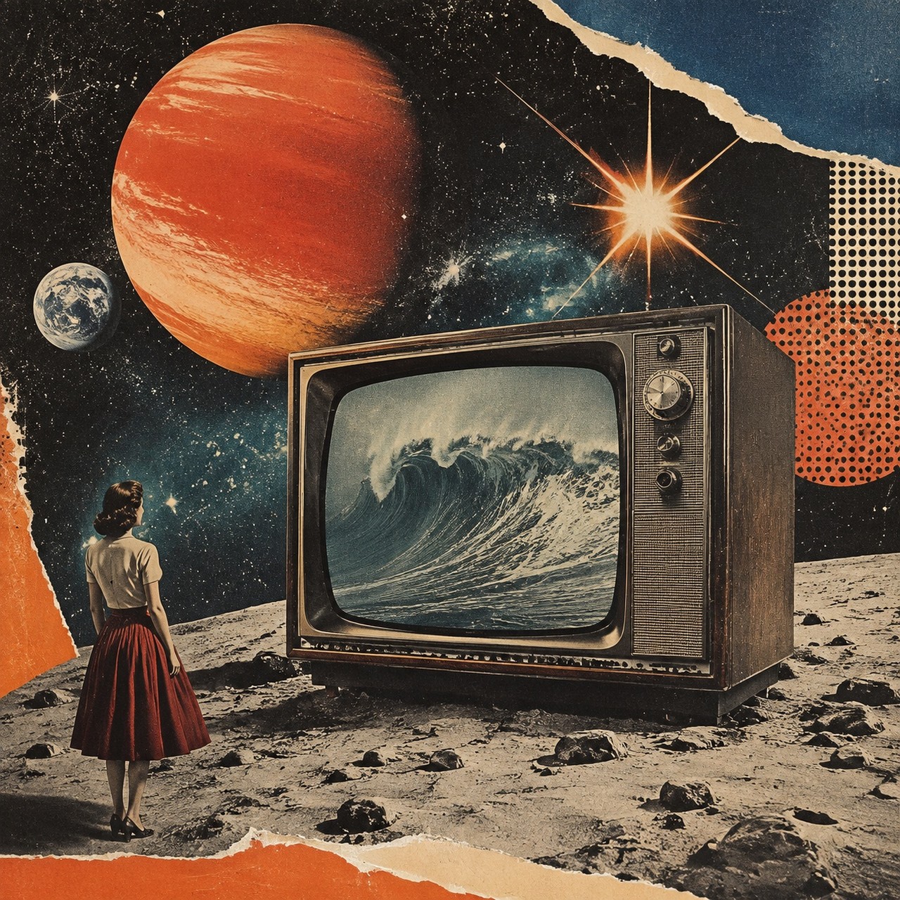 A retro collage of a vintage television showing a breaking ocean wave, standing on a grey lunar surface with planets, stars, an orange halftone field and a woman in a red skirt seen from behind.