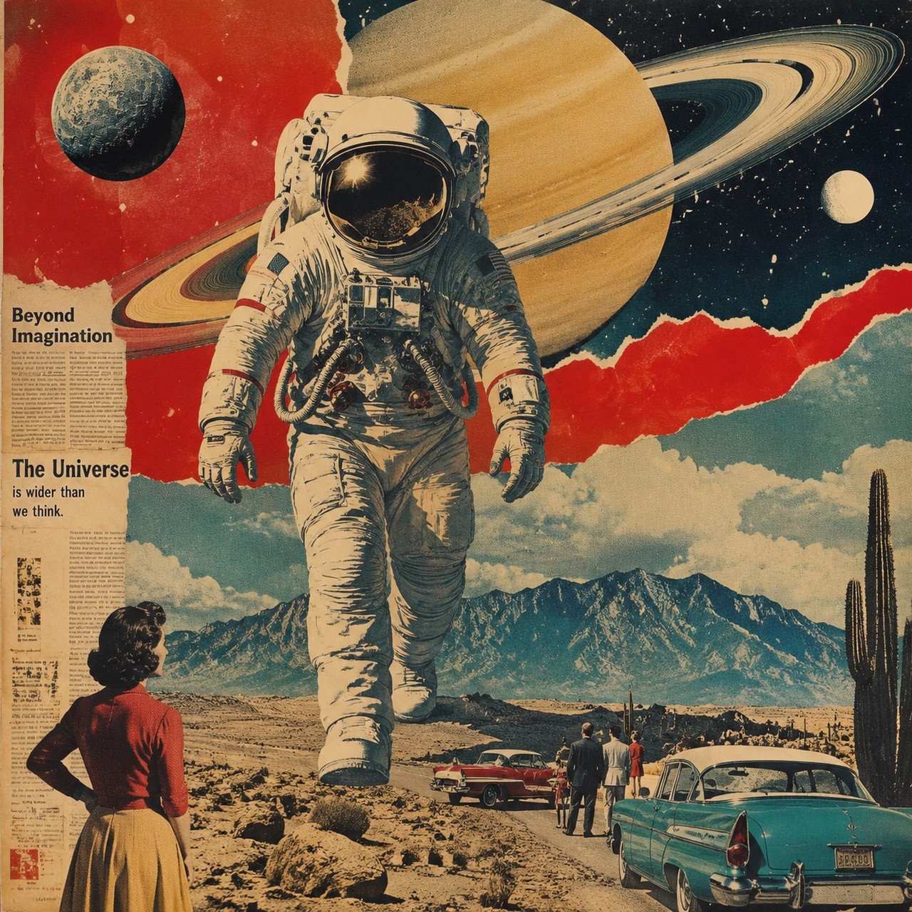 A retro collage of an astronaut striding through a desert highway scene with planets, finned cars, a woman in a red top seen from behind, and the printed words Beyond Imagination and The Universe is wider than we think.