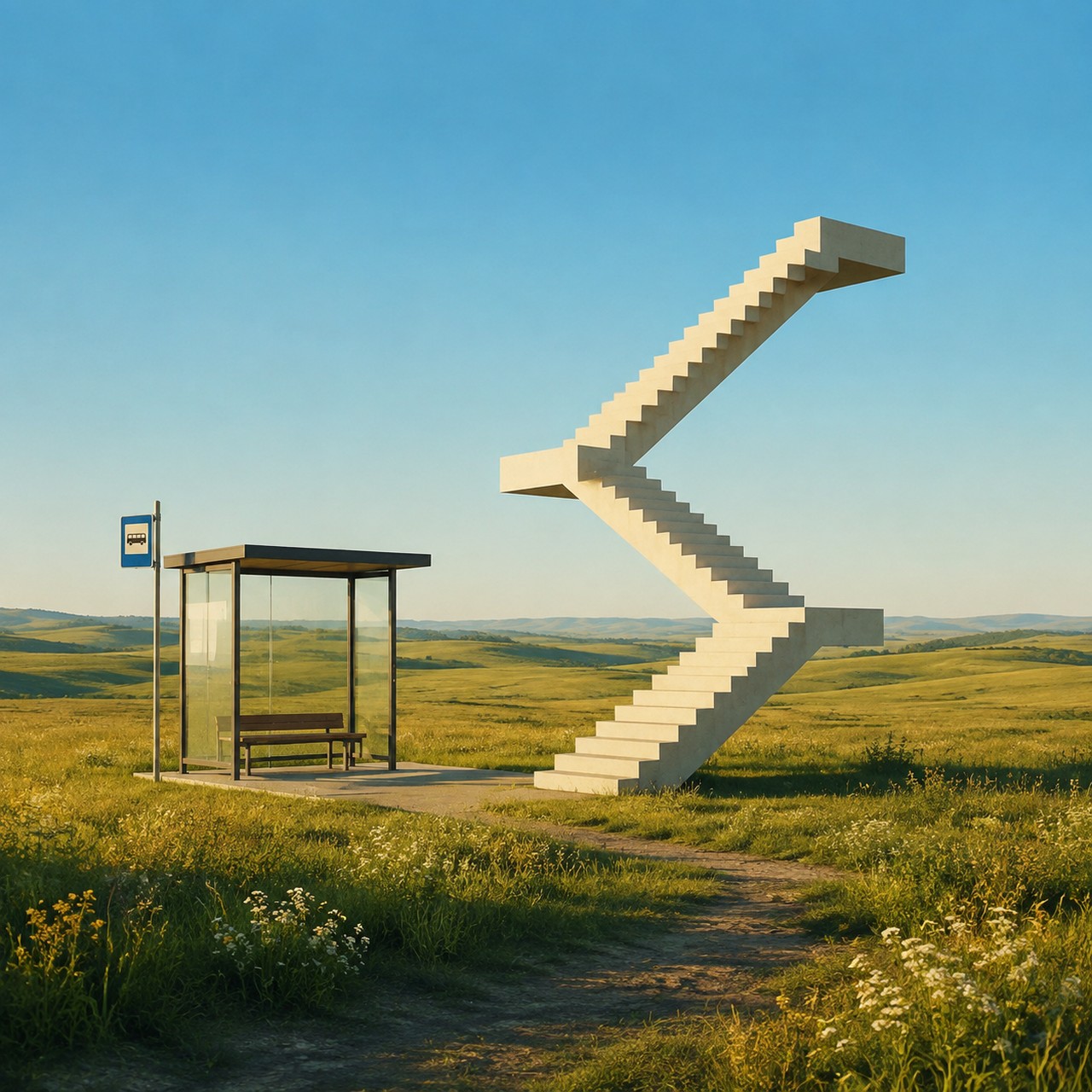 A glass bus shelter with a wooden bench and a blue bus-stop sign stands in a green meadow beside an enormous white staircase that folds back on itself in mid-air under a clear blue sky.