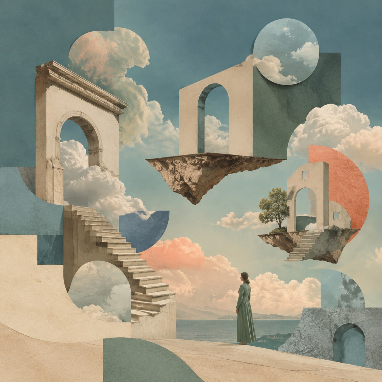 A paper collage of classical arches, floating stone stairs, cloud fragments and blue and coral circles above a pale shore, with a woman in a green dress standing at the water's edge.