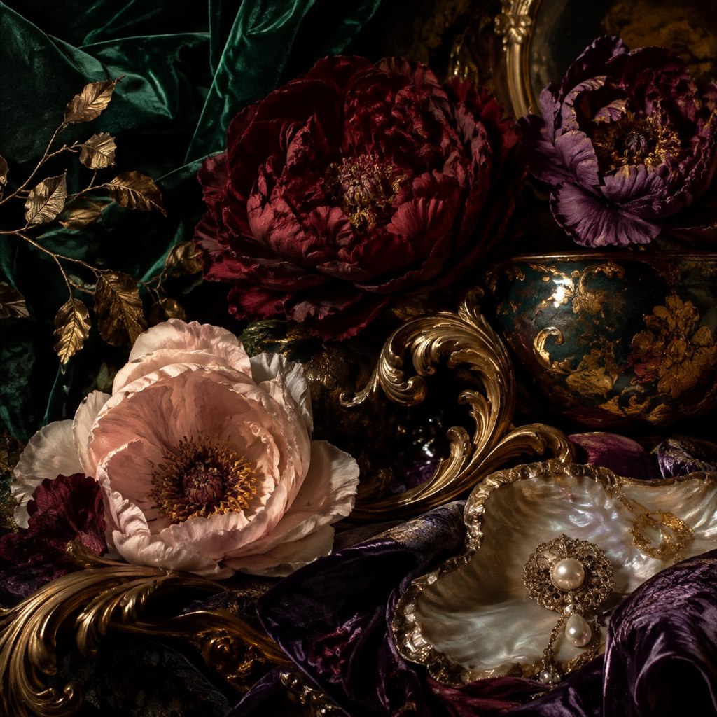 Rich opulent velvet fabrics, gilded antique gold ornaments, and lush dark botanical florals with deep tactile texture
