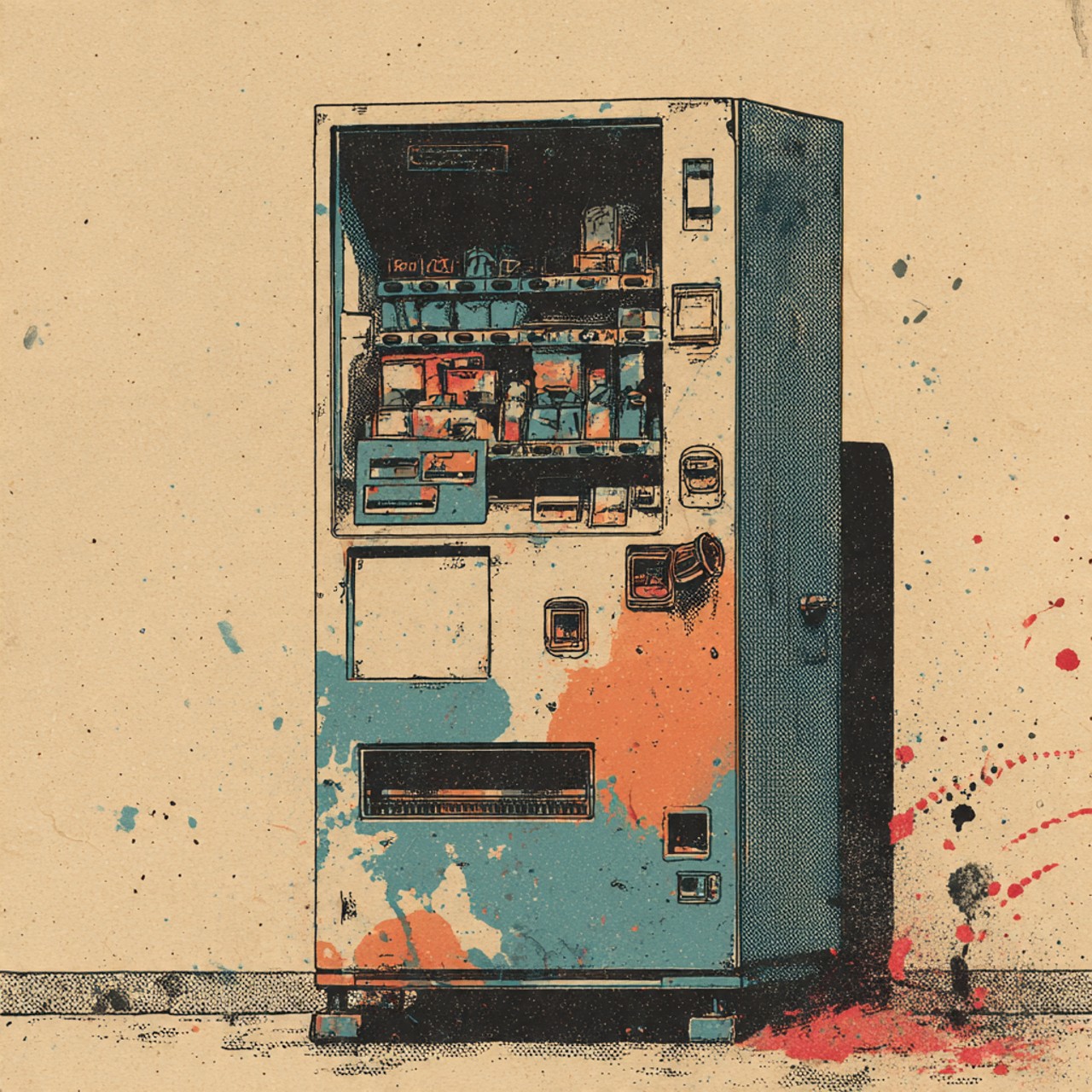 Tears as Currency: vending machine, tears, currency, deadpan surrealism, cyan.