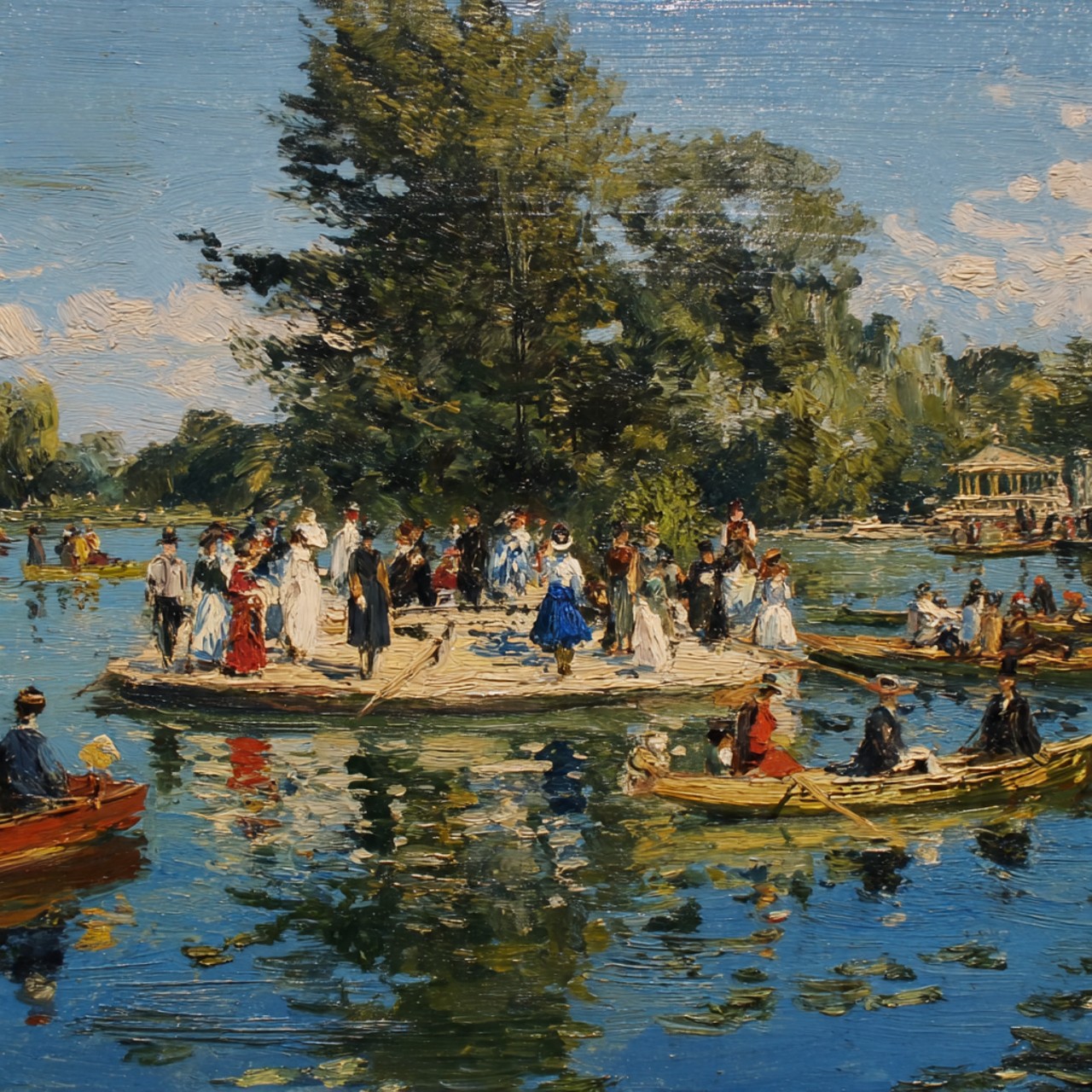 An impasto oil painting of figures in pale summer dress gathered on a small wooded island while rowing boats cross the blue lake around them.