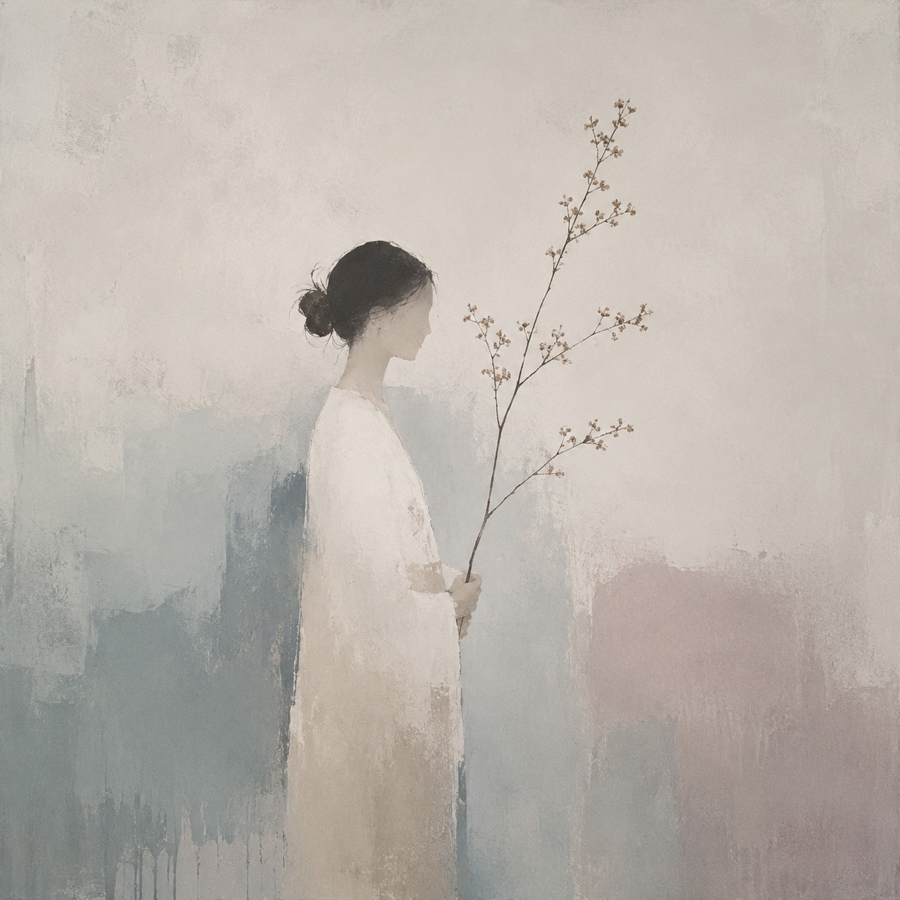 A muted painting of a woman in a white dress seen in profile, hair tied back, holding a thin budding branch against a soft grey and rose background.