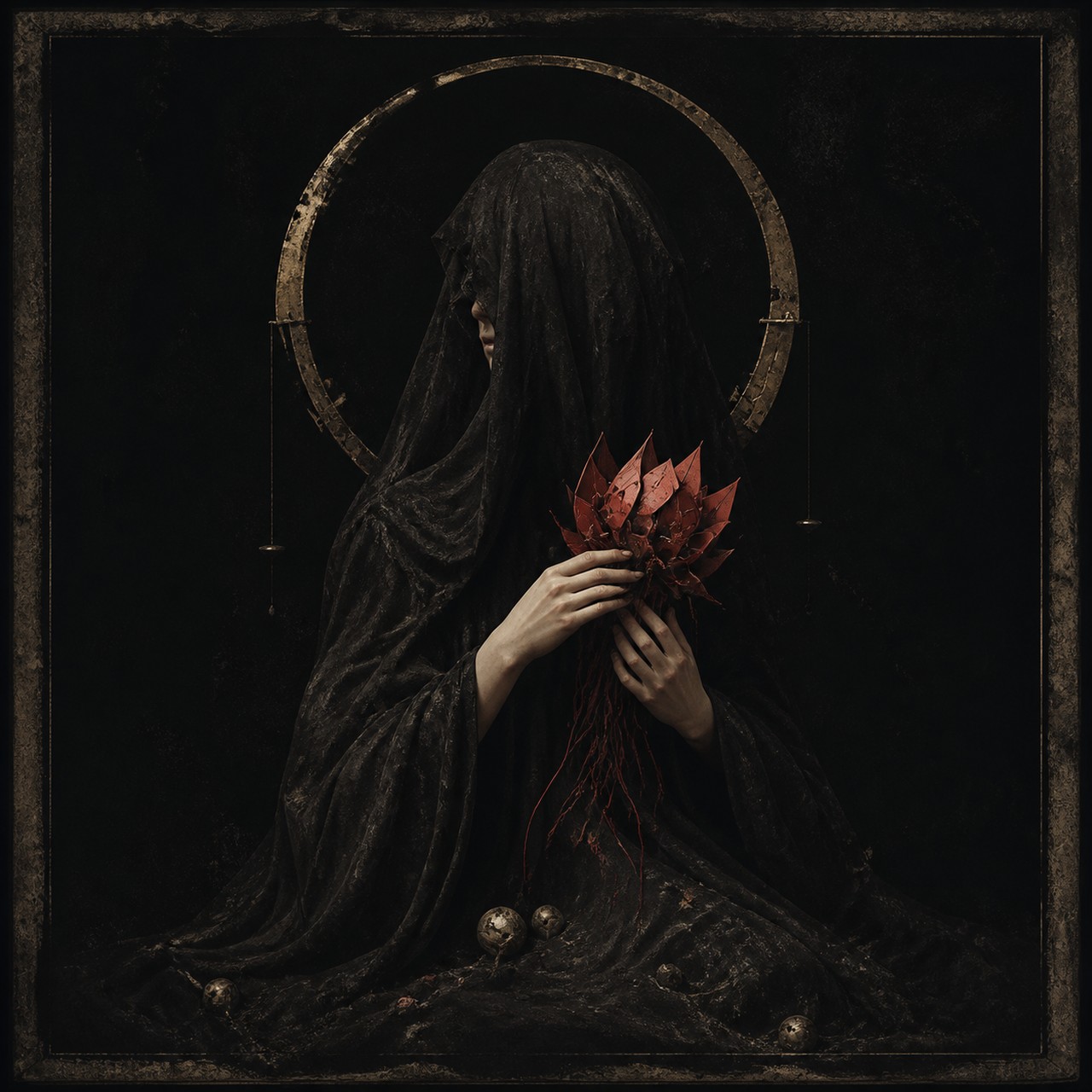 A dark painting of a veiled figure in heavy black robes holding a bunch of red leaves, seated before a large brass ring halo with small hanging weights, against a near-black ground.