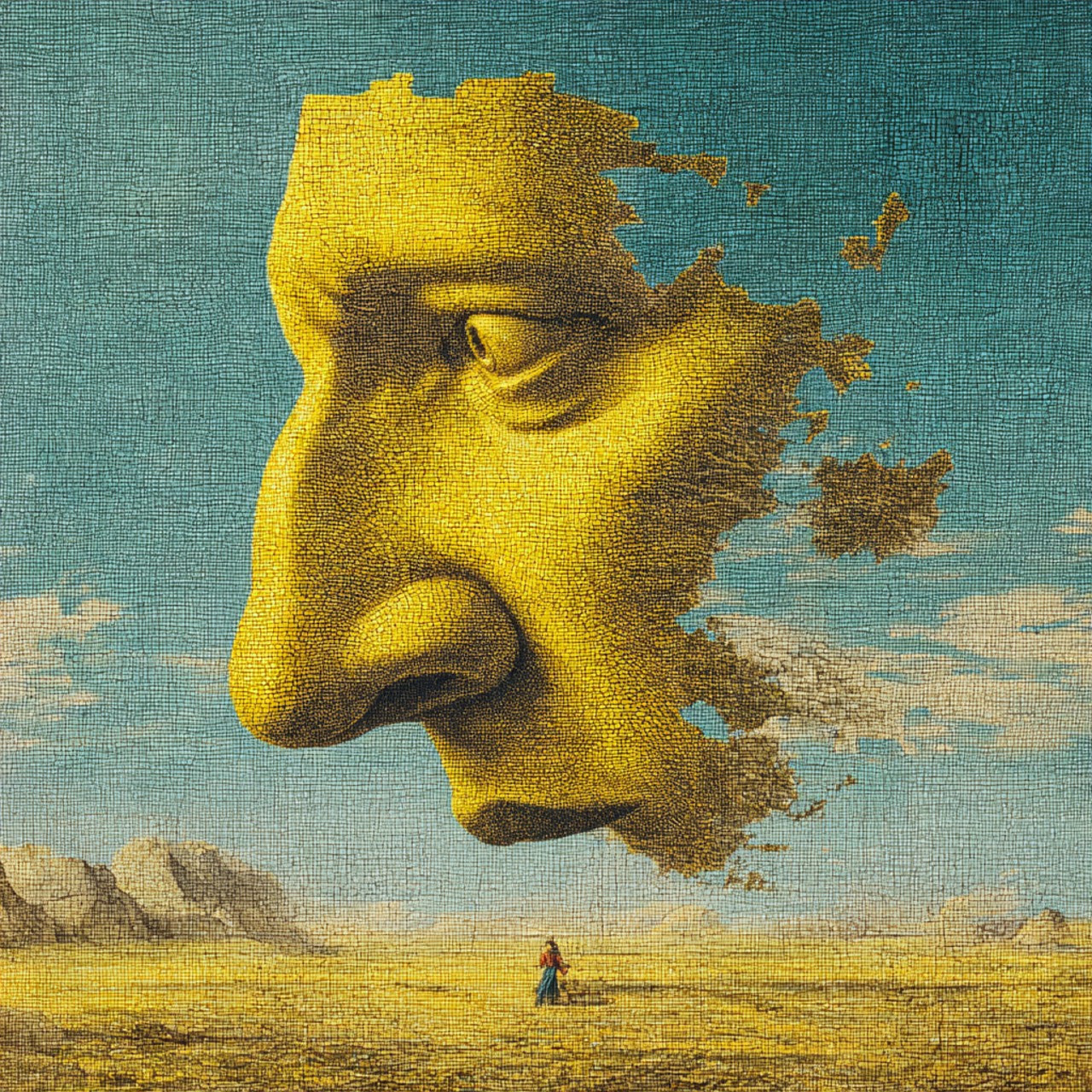 A colossal yellow head in profile floats above a yellow desert plain against a teal sky, its back half breaking apart into drifting fragments, with one tiny red-clad figure walking below.