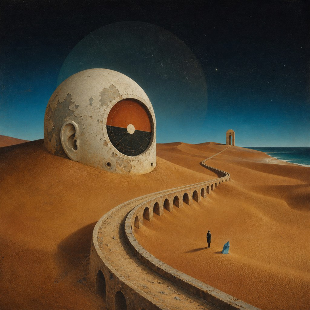 The Dune Observatory: cracked dome observatory, orange dune sea, winding causeway, twin moons.