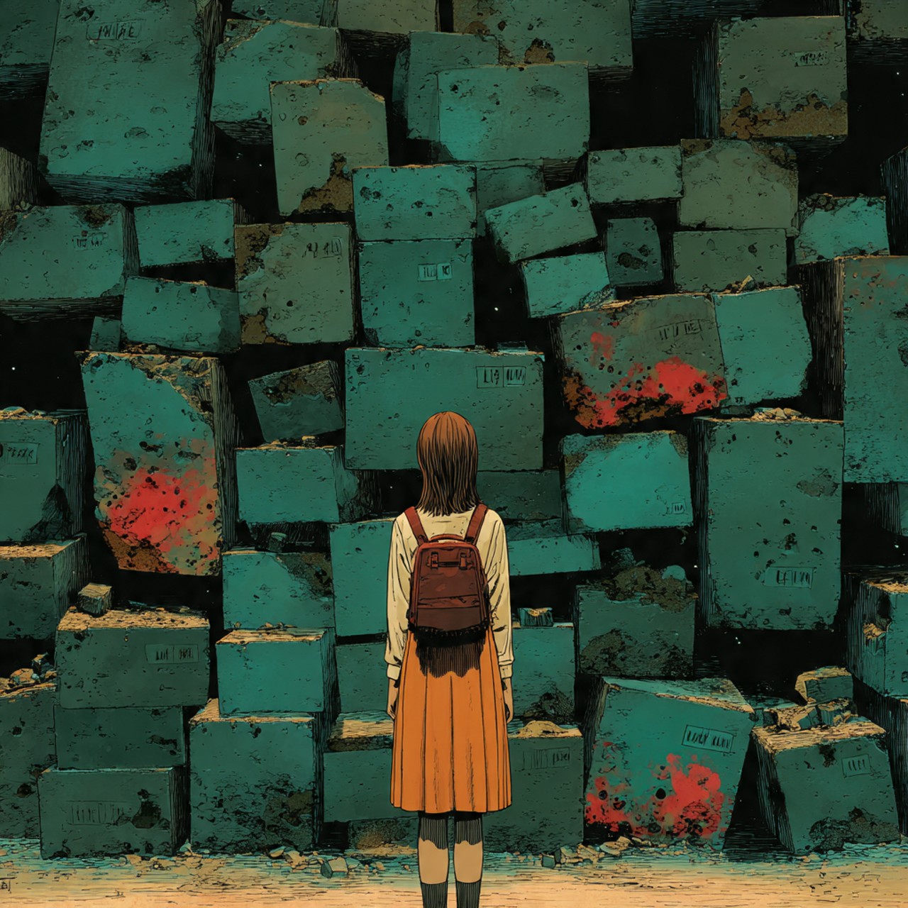 A girl in an orange skirt with a red backpack stands with her back turned before a towering wall of stacked teal crates marked with handwritten labels and stained with red.
