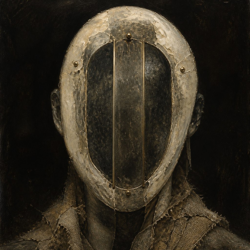 The Stitched Icon: riveted mask visage, stitched shroud, museum patina, quiet menace.