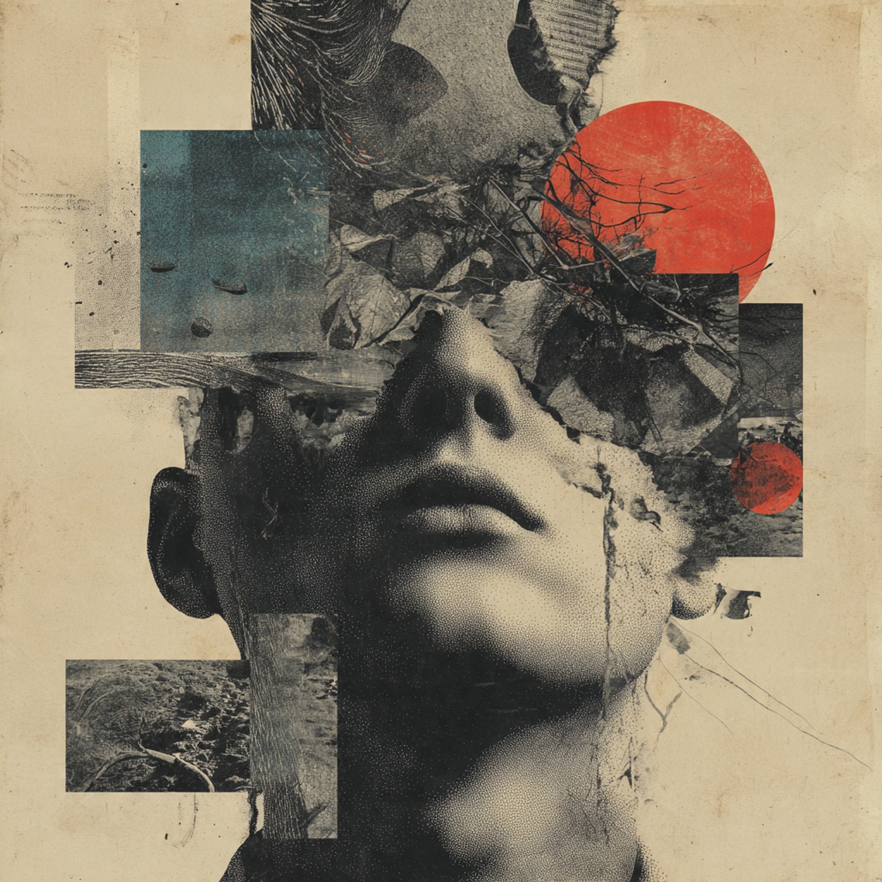 A collage on cream paper of a face tilted upward with eyes closed, its crown torn away into layered photographic fragments and cross-shaped blocks, with two red discs and a teal rectangle.