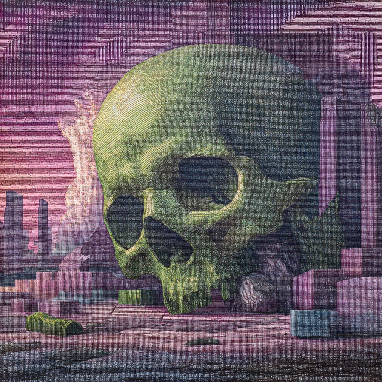 A giant weathered green skull rests among pale pink and violet blocks and ruined towers under a mauve sky, rendered in fine engraved hatching.