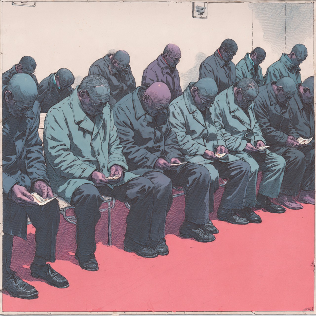 Rows of nearly identical men in grey-blue coats sit side by side on benches with heads bowed over papers in their hands, on a flat pink floor with a small placard on the pale wall behind.
