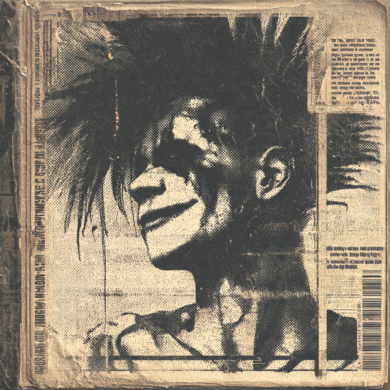 A worn cream zine cover carrying a high-contrast halftone photograph of a laughing, spike-haired face, framed on three sides by dense blocks of tiny printed text.