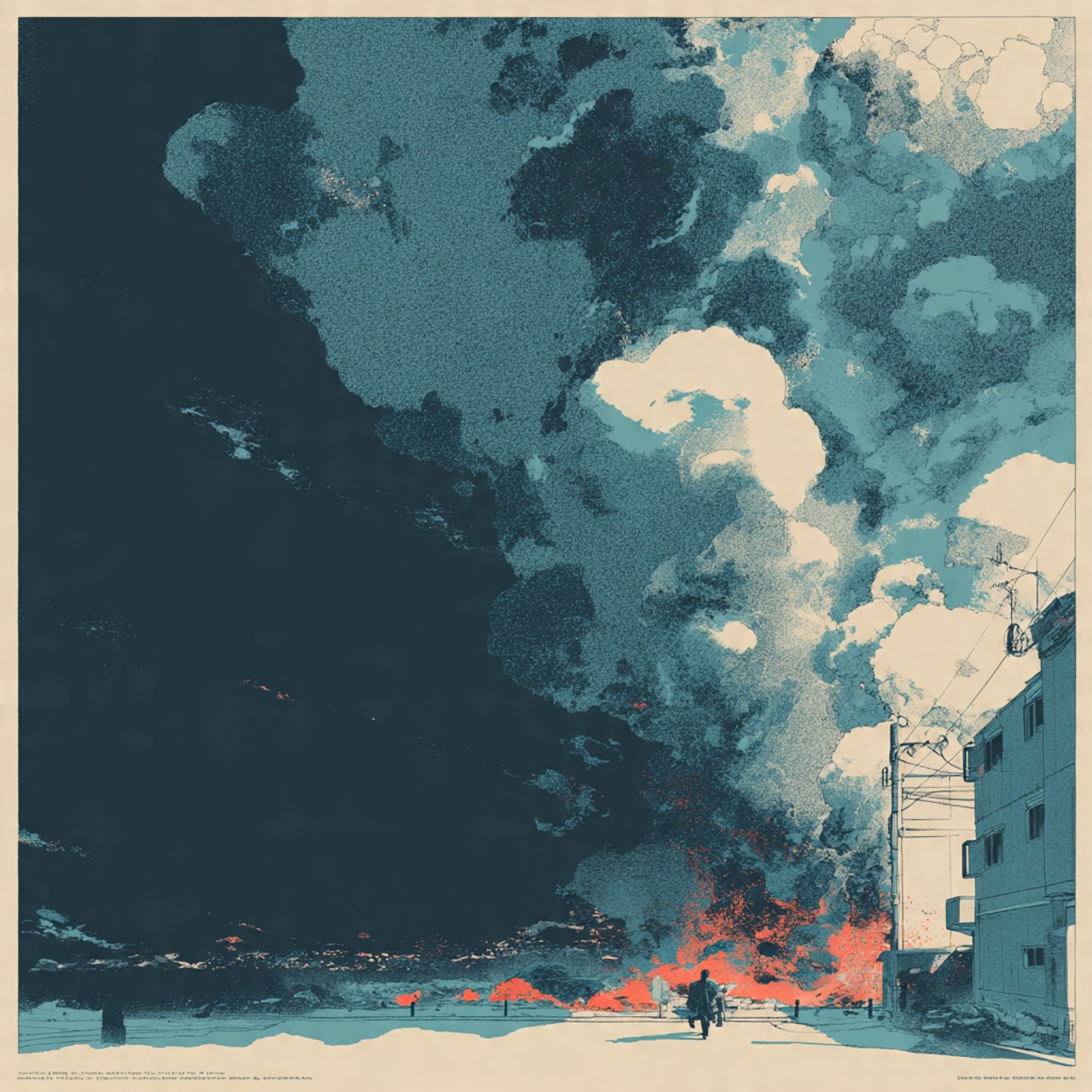 Tower of Smoke: smoke tower, blue sky, coral ground, vertical landscape, surreal print.
