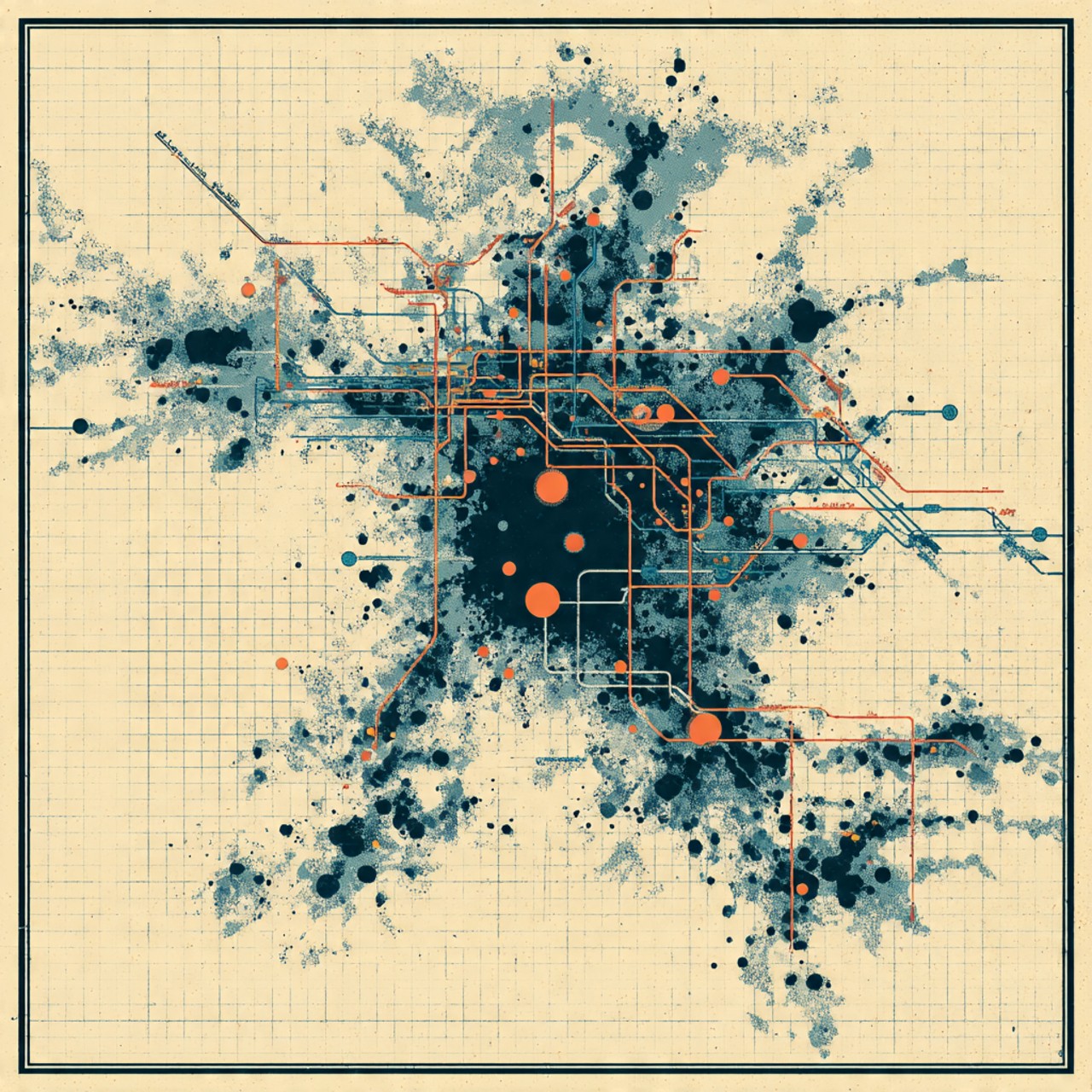 Transit Diagram: abstract transit map, line network, coral nodes, paper texture, graphic system.