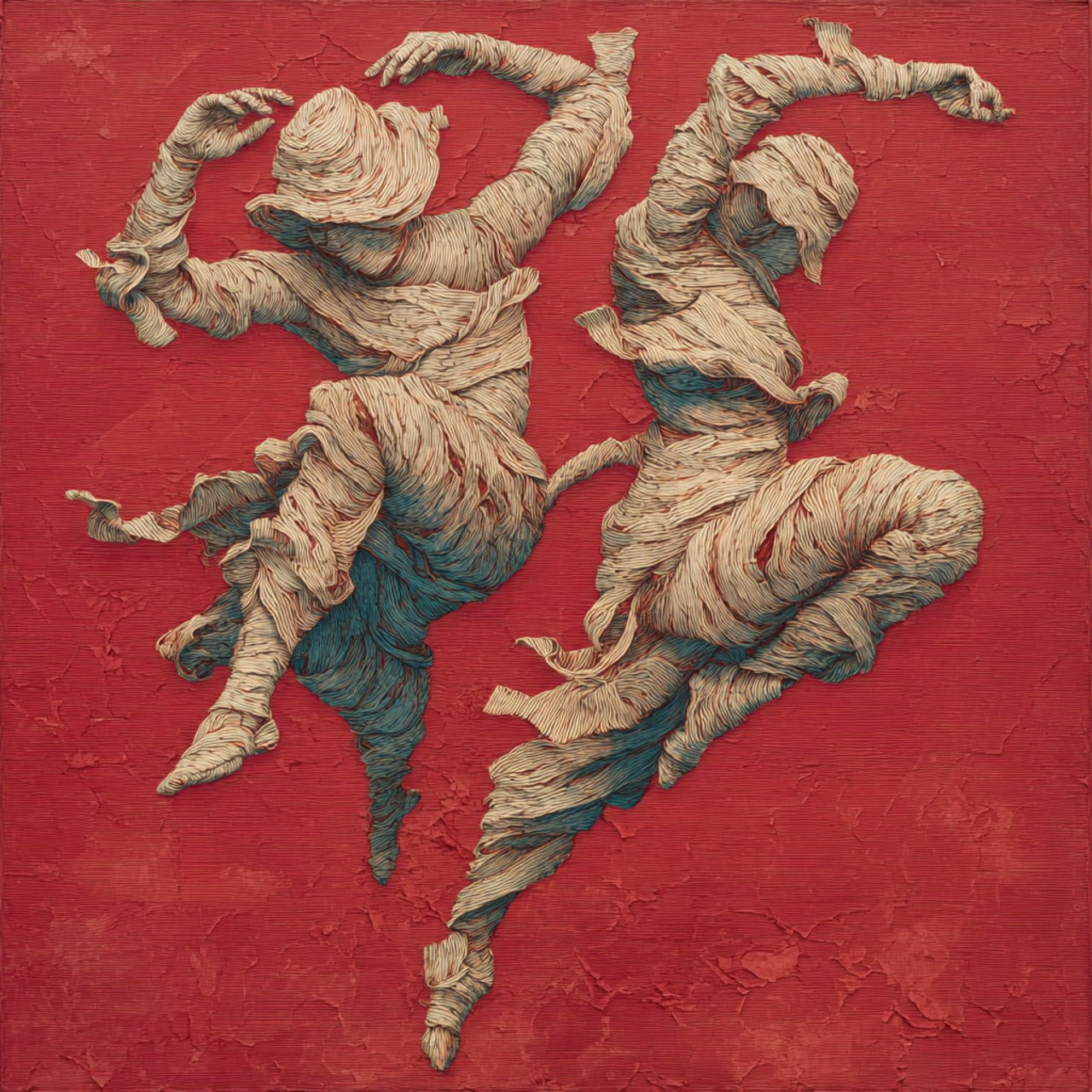 Two figures built entirely from wrapped strips of pale linen and teal cloth leap and twist against a thickly painted red background.